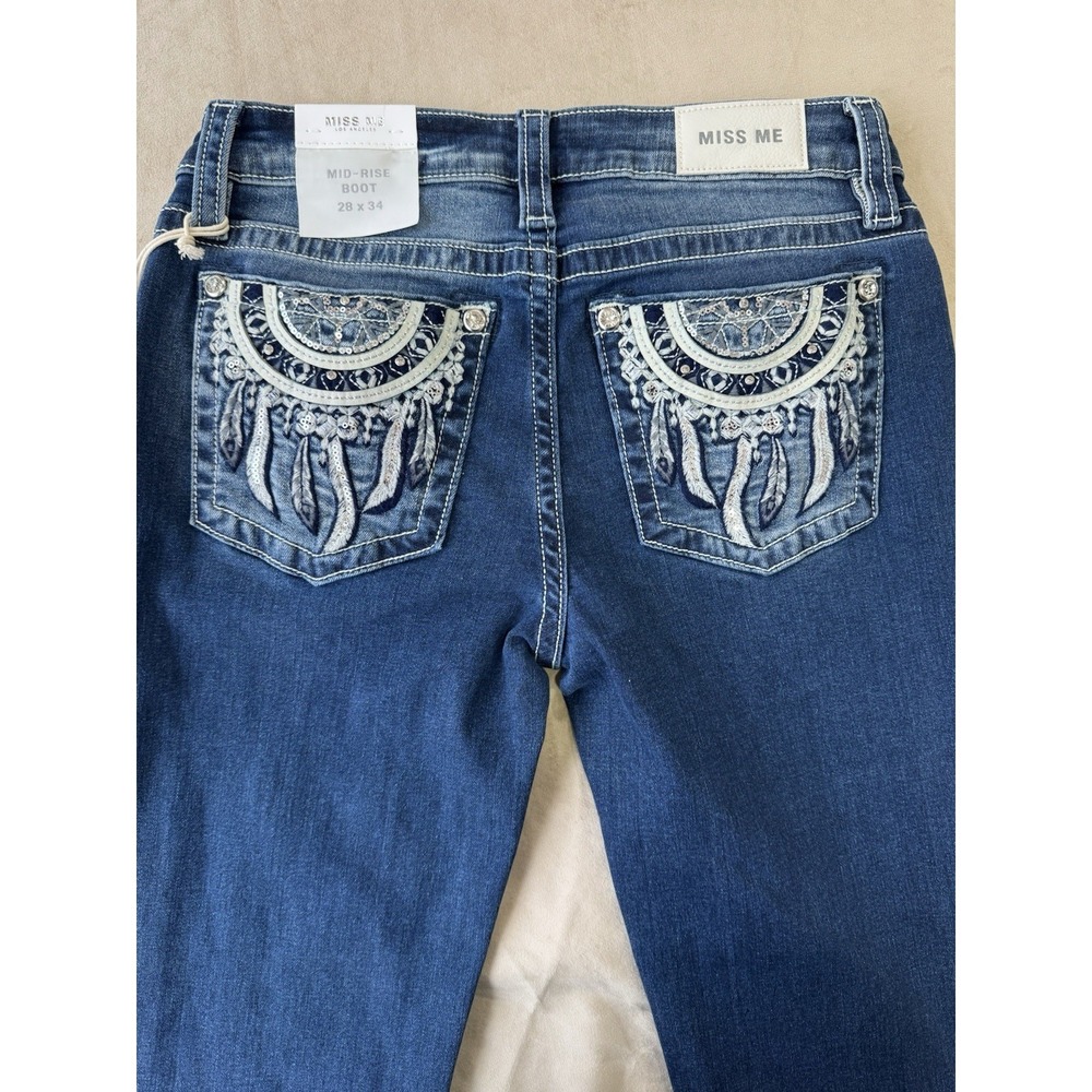NWT Miss Me Mid-Rise Slim Boot Women Jeans 28x34 Dreamcatcher Pockets Denim